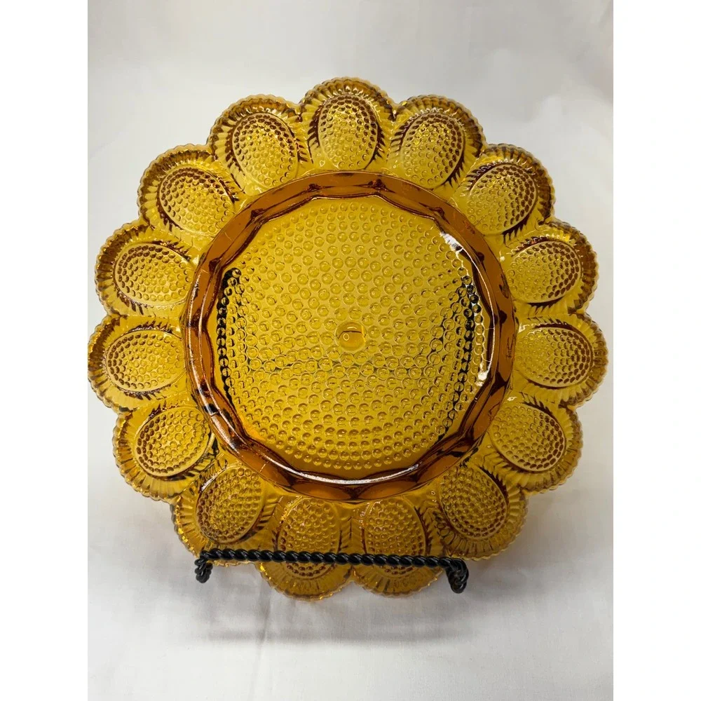 VTG Indiana Glass Tiara Hobnail Amber Deviled Egg Plate Scalloped 15 Slot 11